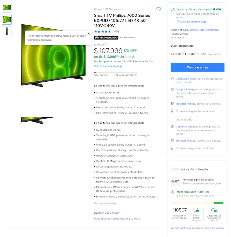 Smart Tv Philips 7000 Series 50PUD7406/77 LED 4K 50" 110V/240V. Fuente: Mercado Libre.