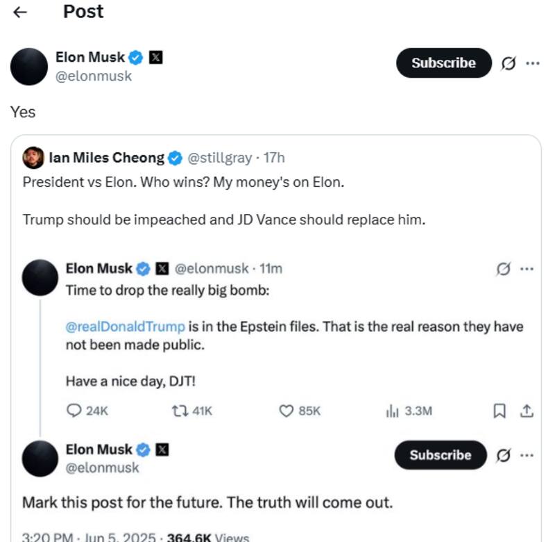 Elon Musk compartió una publicación de juicio político contra el presidente (Captura de pantalla X @elonmusk).