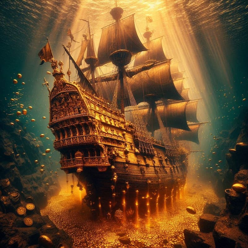 Barcos antiguos y sus tesoros hechos pro IA. Fuente: Bing AI.