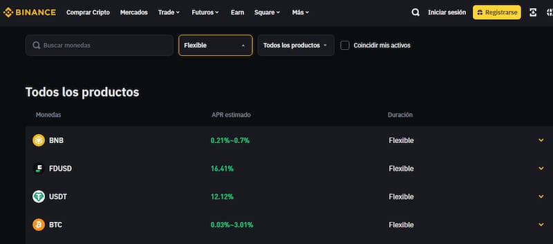 Propuestas de inversión que ofrece Binance en la sección de "Binance Earn".