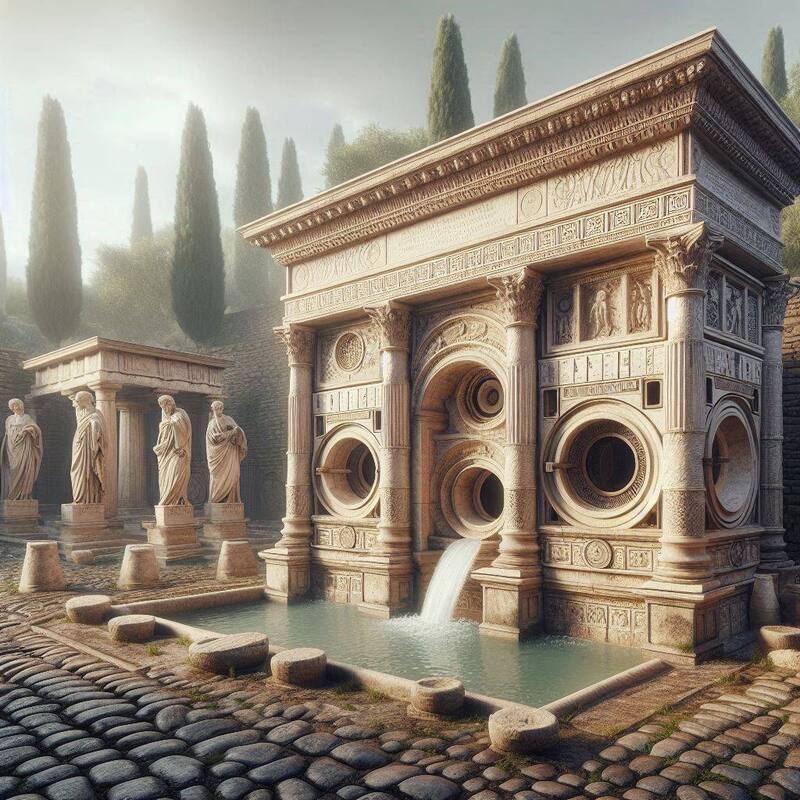 Perspectiva de una lavandería en la Antgiua Roma. Fuente: Bing AI.