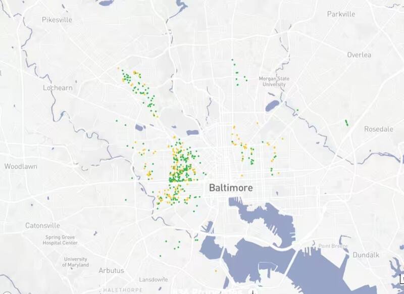 Mapa de las casas subastadas en Baltimore.