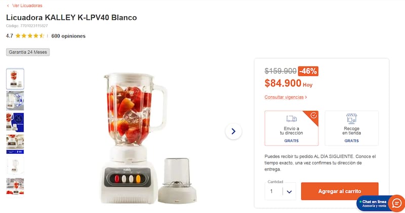 Alkosto ofrece la licuadora con máxima potencia y de acero inoxidable a menos de $90.000.