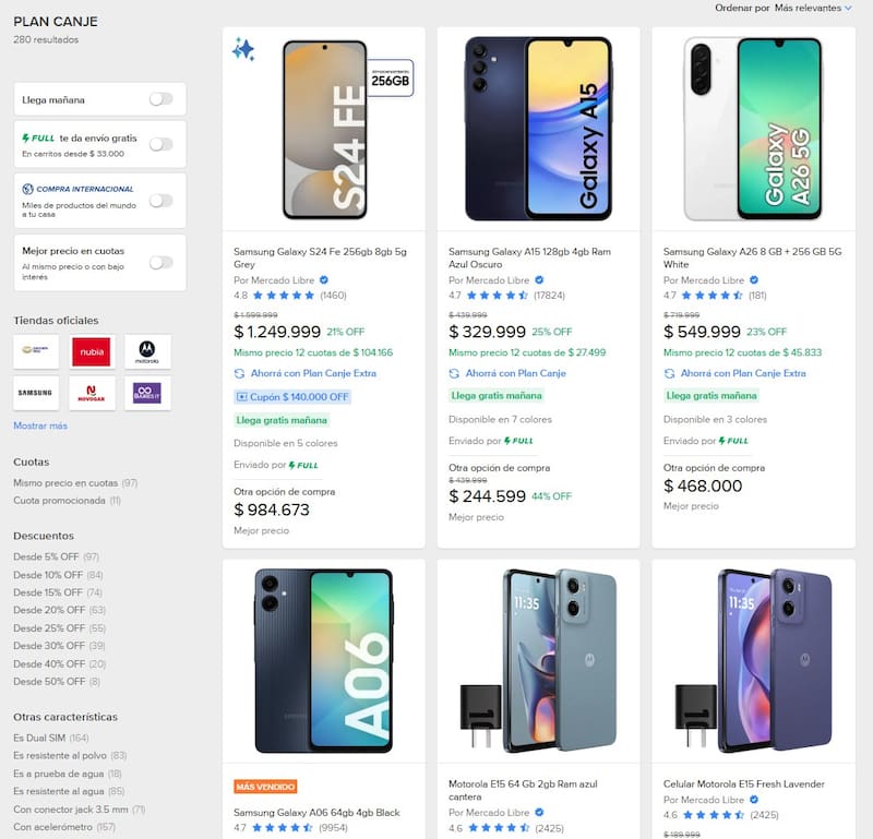 Algunos de los smartphones disponibles para canje en Mercado Libre.