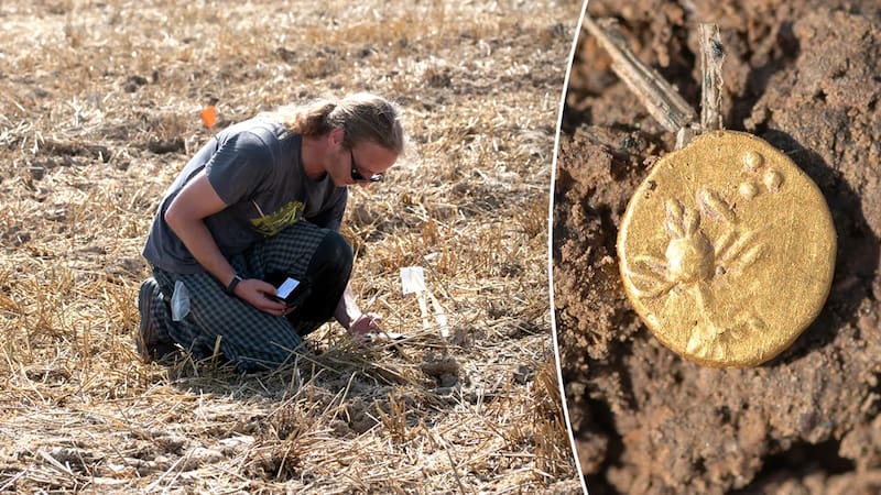 Una de las monedas de oro de la época helénica encontrada en el campo checo.