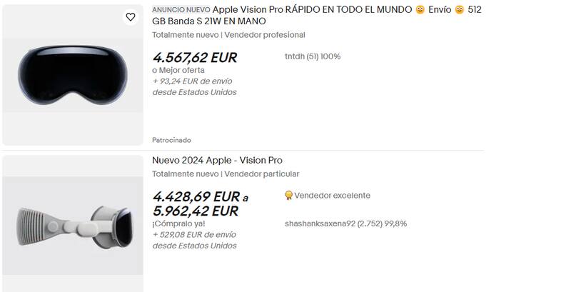 En eBay hay publicaciones de Apple Vision Pro con envío a España (Fuente: eBay)