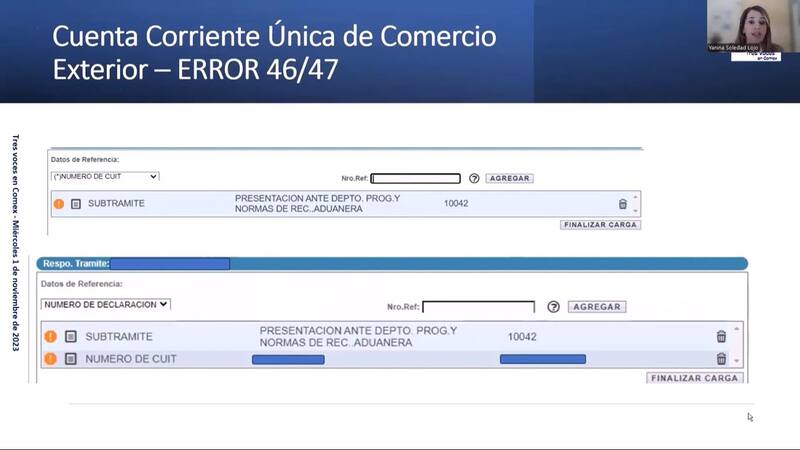 Para resolver los errores 46 y 47 se debe presentar una multinota aduanera (MUELA) a través del Sistema informático de trámites aduaneros (SITA) en la página de la AFIP