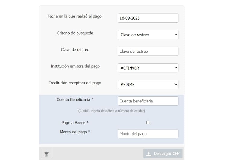 Estos son los datos requeridos para obtener el Comprobante Electrónico de Pago. Fuente: Banxico.