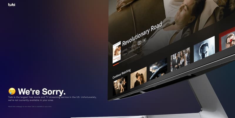La imagen que aparece si se busca entrar a Tubi TV sin usar este truco.