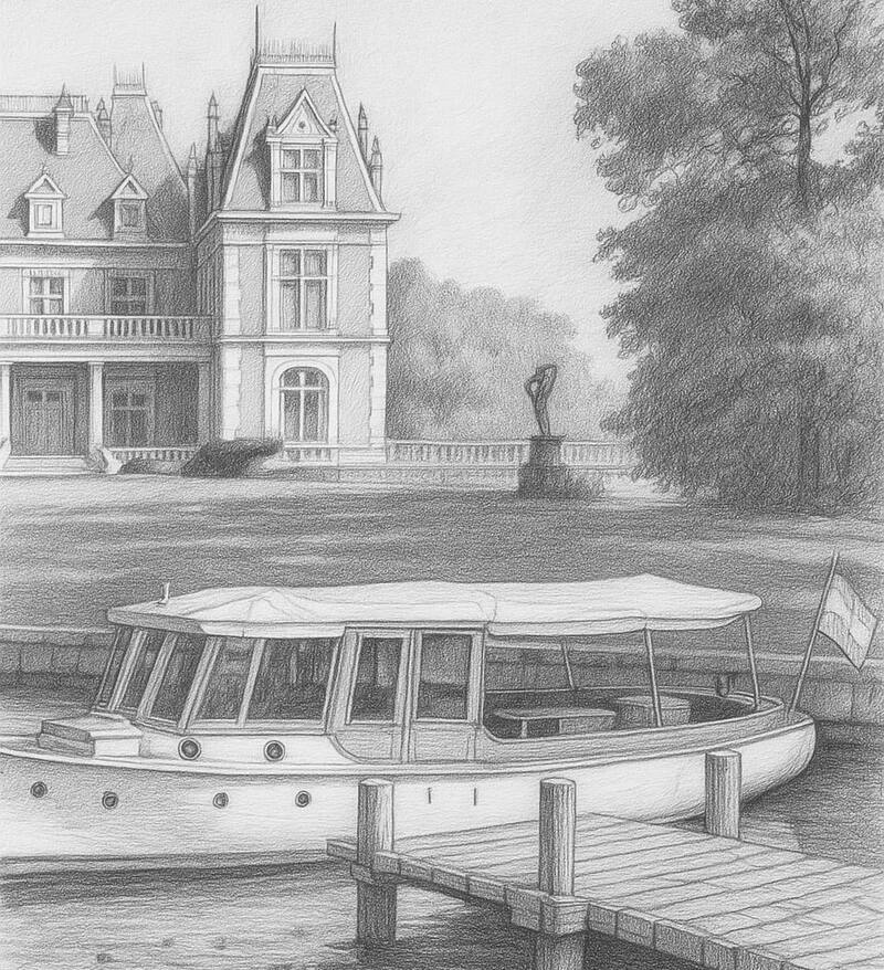 Embarcadero sobre el lago artificial de la estancia, próximo al palacete. Imagen orientativa generada por IA para ilustrar.