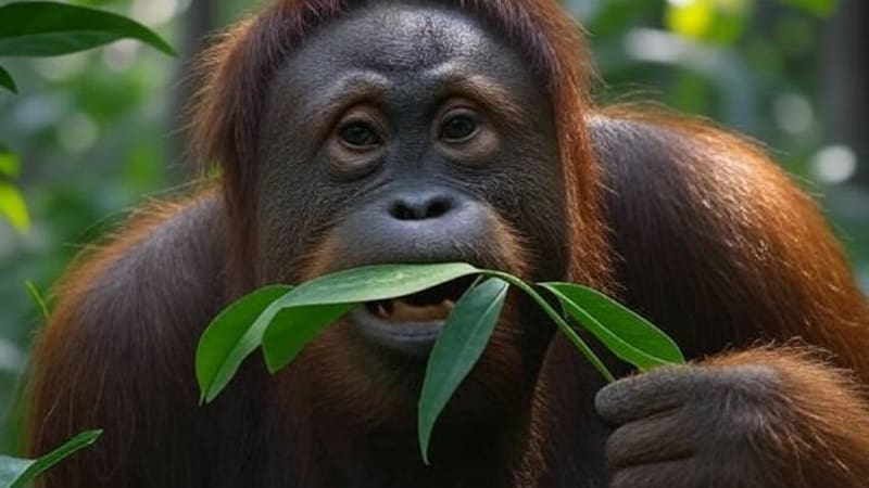 Ilustración de un orangután masticando hojas de planta Akar Kuning.