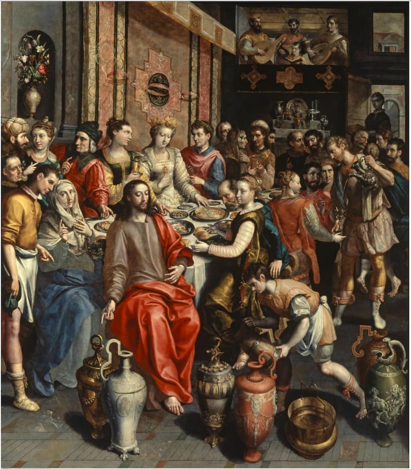 Jesús convierte el agua en vino. Marten de Vos, Boda en Caná, 1597. Imagen: Wikipedia.