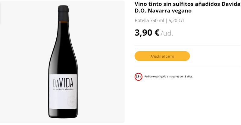 Vino tinto sin sulfitos añadidos Davida D.O. Navarra vegano. Fuente: Mercadona
