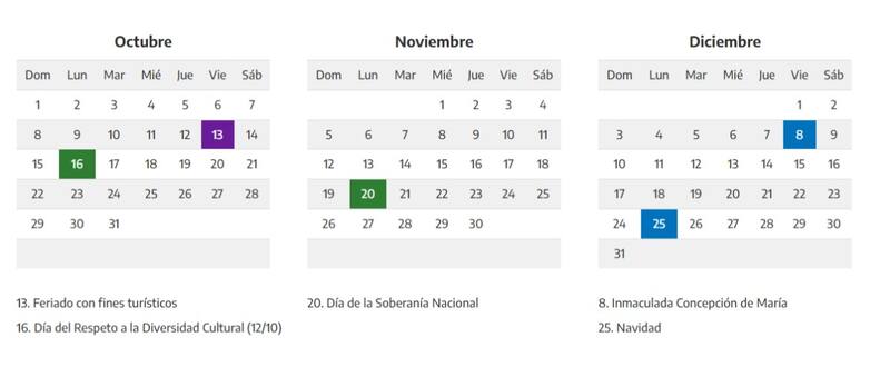 Feriados 2023: octubre, noviembre, diciembre.