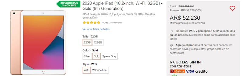 A través del e-commerce internacional Tiendamia, es posible comprar Apple iPad de octava generación por $52.230 y en cuotas.