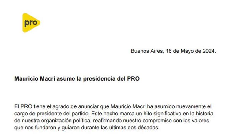 La introducción del comunicado que anunció a Macri como nuevo titular del PRO.