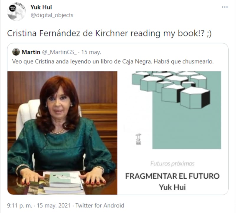 "¿Cristina Fernández de Kirchner está leyendo mi libro?", escribió el escritor y filósofo sobre la foto de la vicepresidenta.