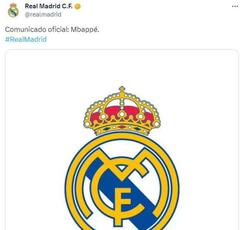 El Real Madrid confirmó el fichaje de Mbappé. (Foto: captura Twitter).