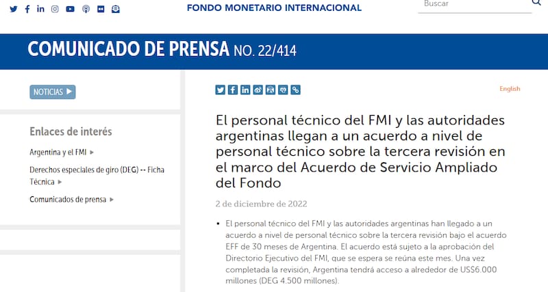 Captura del comunicado publicado por el FMI.