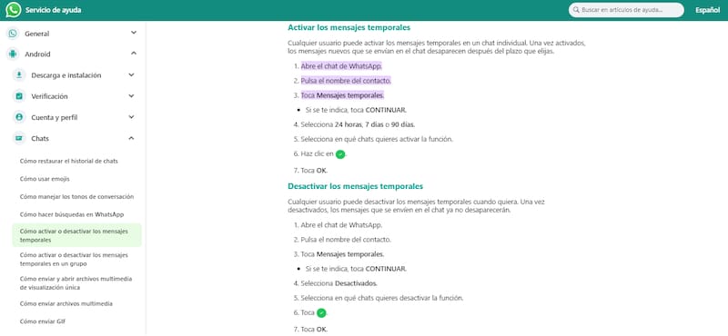 Guía oficial para usar mensajes temporales en WhatsApp.