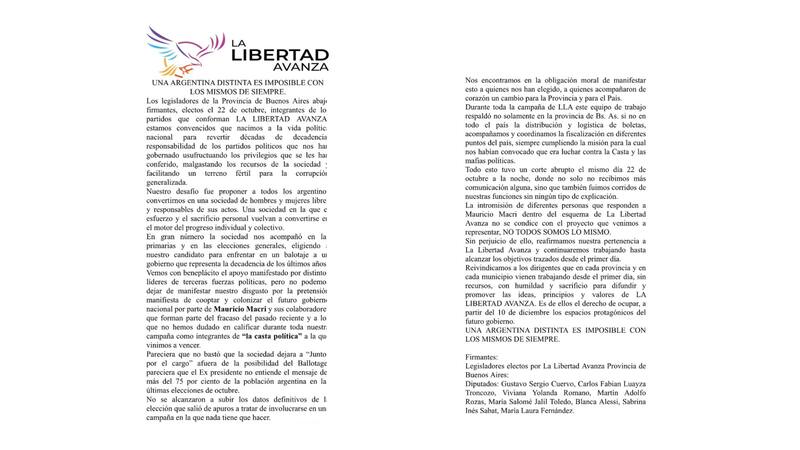 La carta de los diputados provinciales de La Libertad Avanza. (Captura)