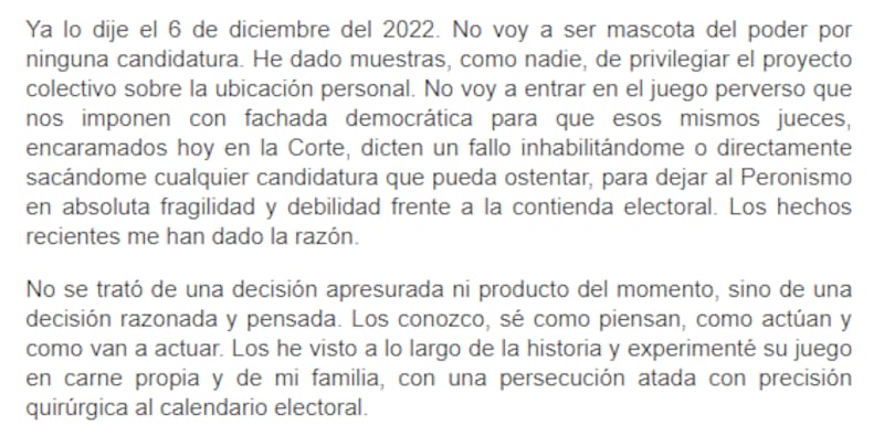 El fragmento de la carta en la que Cristina Kirchner confirma nuevamente que no será candidata.