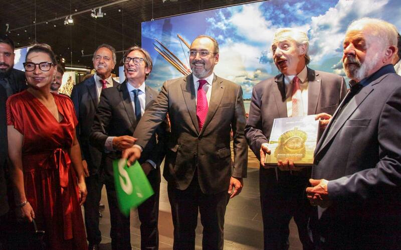 Alberto Fernández y Lula junto a Sergio Díaz Granados y Christian Asinelli, presidente y vice de la CAF respectivamente.