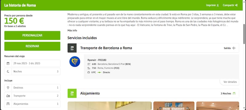 La oferta para viajar a Roma que se puede encontrar en la web de la empresa (Fuente: Viajes El Corte Inglés)