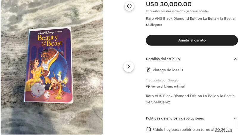 VHS de La bella y la bestia. Fuente: ETSY