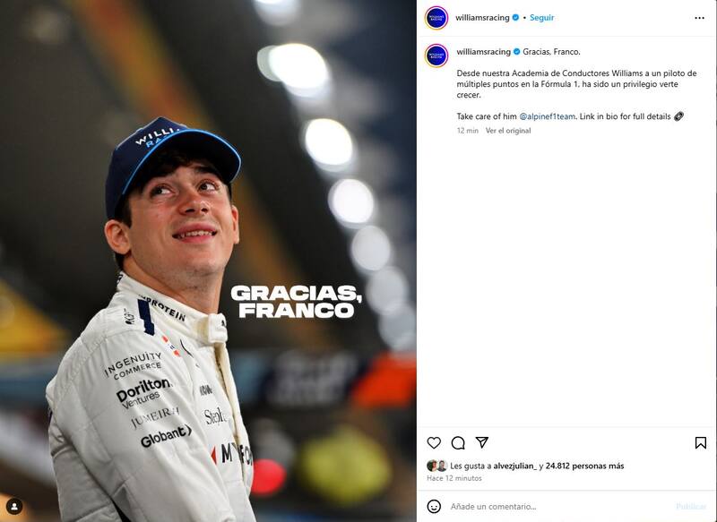 Williams publicó un posteo para despedir a Franco Colapinto