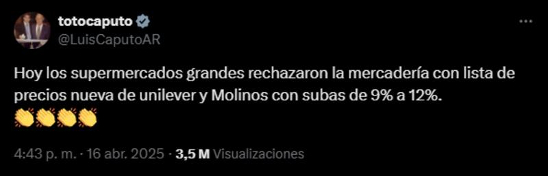 El posteo de Caputo celebrando la actitud de los supermercadistas.