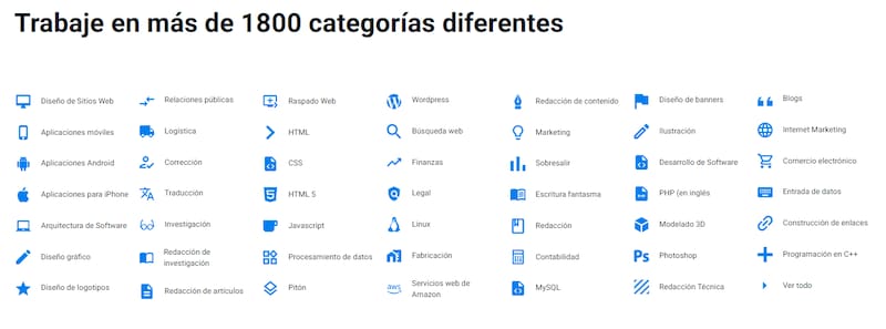 Todas las categorías a las que se pueden postular desde freelancer.com.ar. (Captura de pantalla).