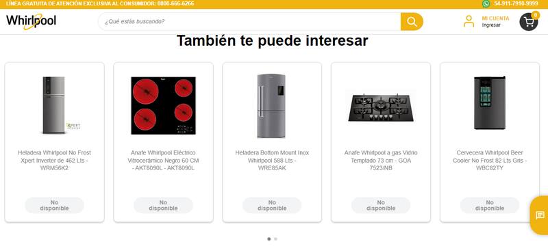 Whirpool sacó de la venta momentáneamente todos los productos en su página web y figuran como "no disponible".