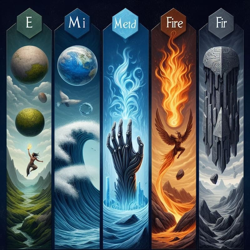 Ilustración de los 5 elementos del Feng Shui. Fuente: Bing AI.