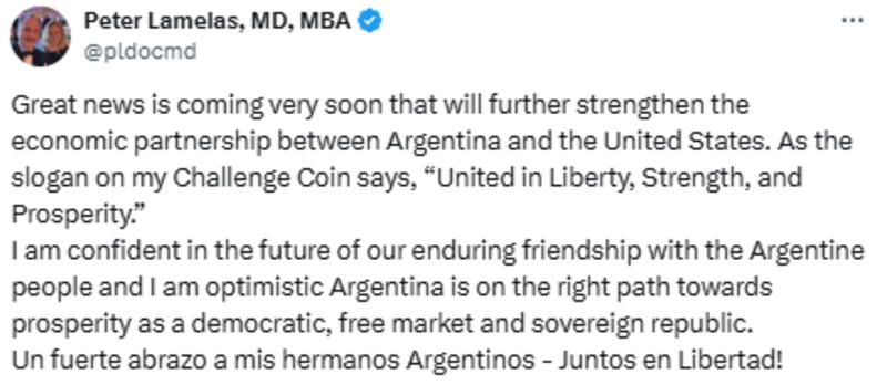 EE.UU. anticipó "grandes noticias" en la alianza económica con Argentina