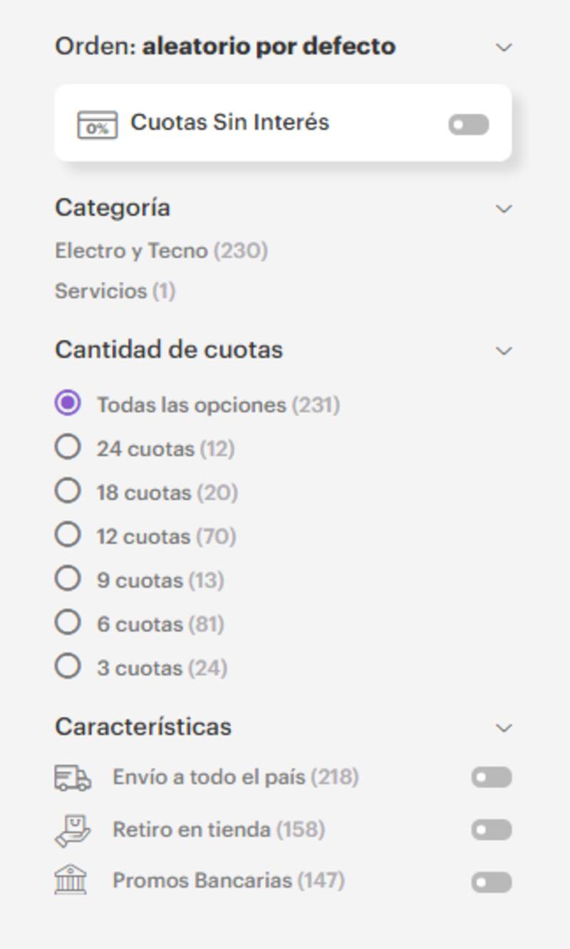 Filtros del sitio Cyber Monday.