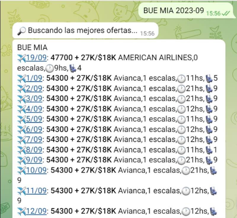 Ejemplo de búsqueda de pasajes de Buenos Aires a Miami en el mes de septiembre.