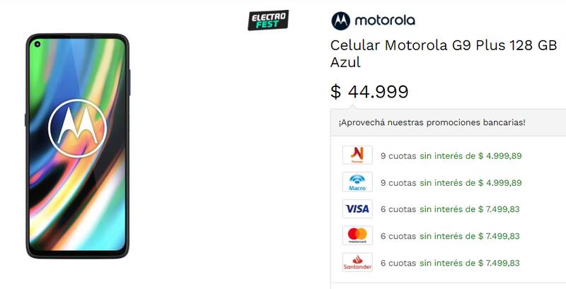 Motorola G9 Plus rebajado por el ElectroFest. Se puede comprar en hasta nueve cuotas sin interés.