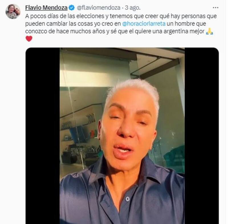 El posteo de Flavio Mendoza en apoyo a Rodríguez Larreta. (Foto: captura Twitter).