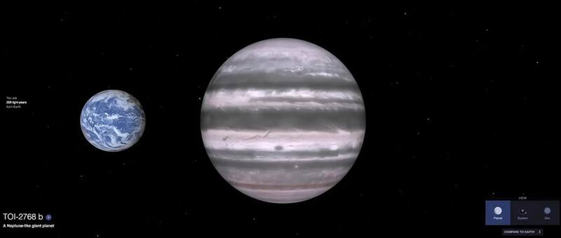 Recreación artística del candidato a exoplaneta de TESS: TOI-2768 b difundida por el Instituto de Astrofísica de Canarias en una comparativa con la Tierra. Créditos: NASA