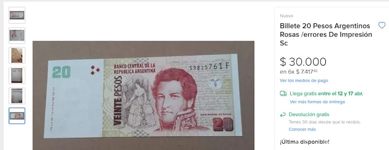 El usuario que publicó el billete lo tasó en $ 30.000 en Mercado Libre.