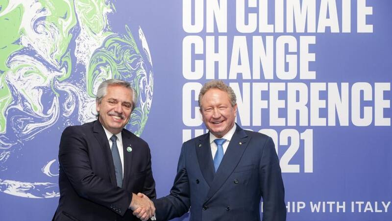 Alberto Fernández con el CEO de Fortescue, Andrew Forrest, quien anunció en Glasgow una inversión de u$s 8400 millones en Argentina