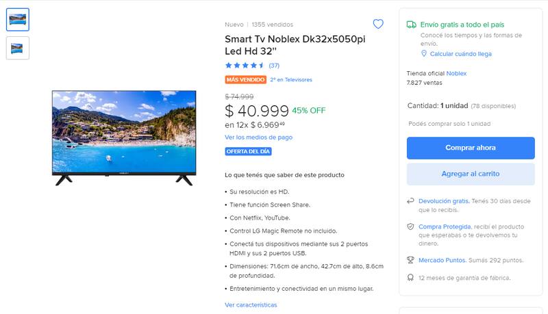 Smart Tv. Fuente: Mercado Libre.