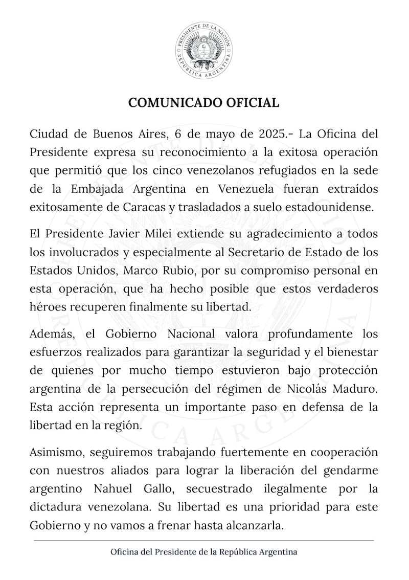 Comunicado oficial del rescate en Caracas. Fuente: Oficina del Presidente de la República Argentina