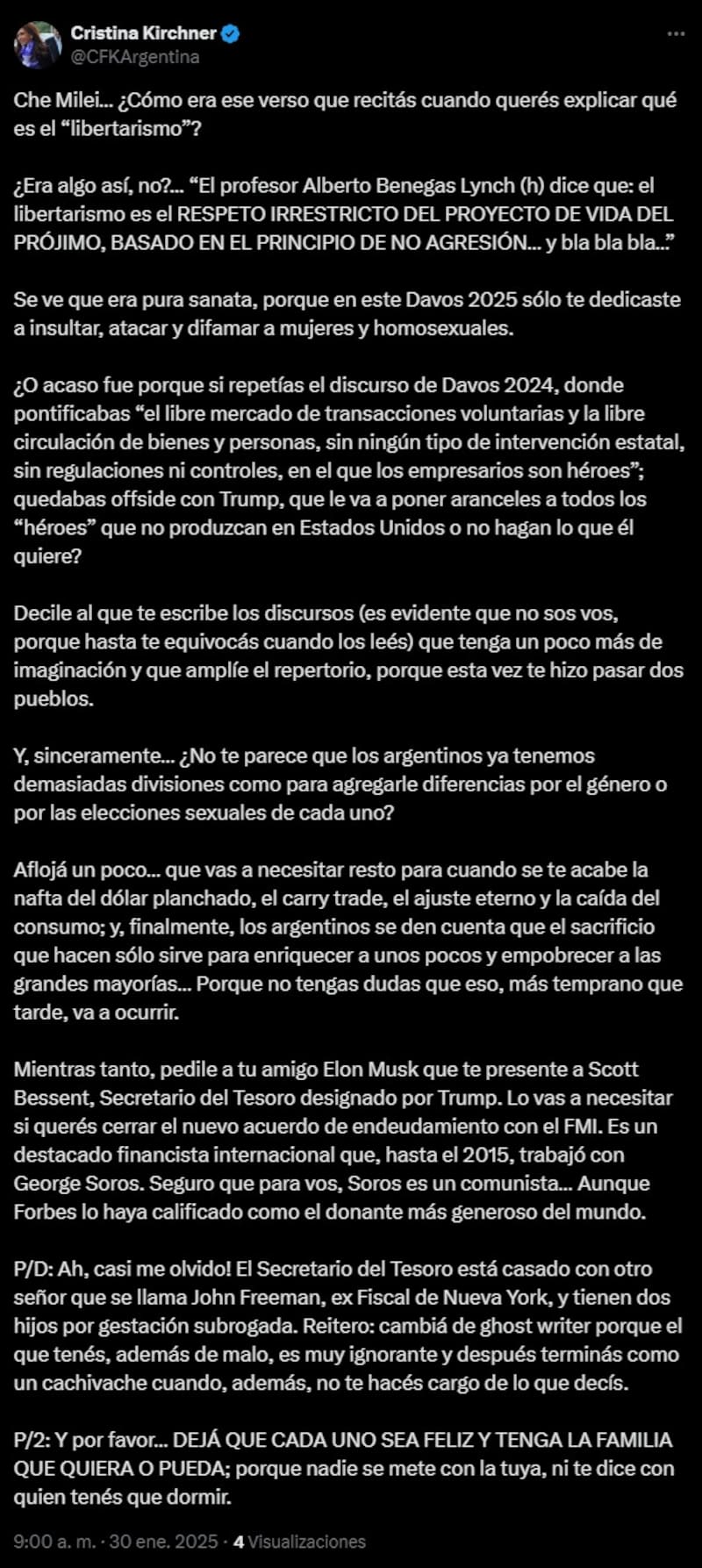 Cristina Kirchner criticó a Milei por Davos y le dejó una dura advertencia: "Cuando se te acabe la nafta..."