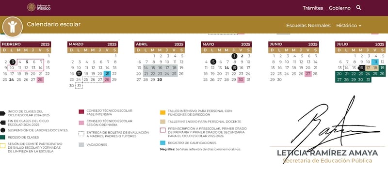 Calendario Escolar México. Fuente: SEP.