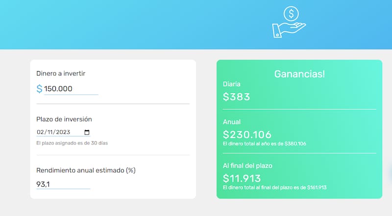 Ganancias obtenidas en un plazo de 30 días. (Foto: Captura Calculadora Mercado Pago)