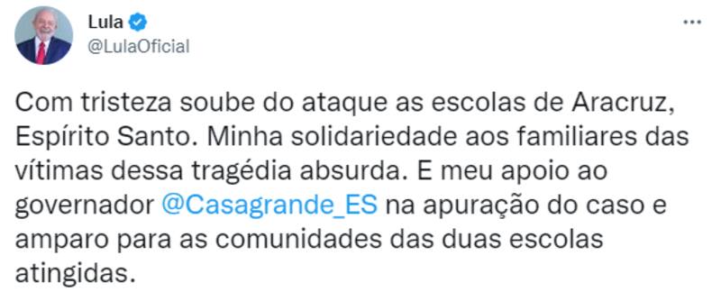 El mensaje del presidente electo Lula da Silva, quien pidió por la investigación del caso y se solidarizó con los familiares de las victimas. (Captura)