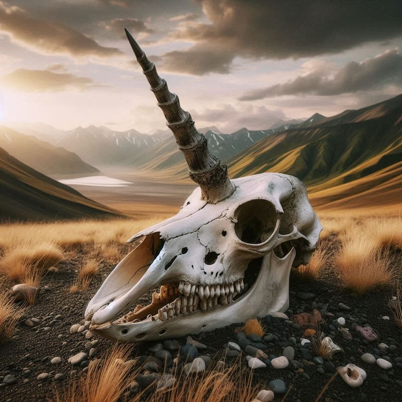 Ilustración de un cráneo de unicornio. Fuente: Bing IA.