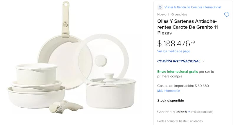 El precio de un set de ollas y sartenes importadas puede parecer elevado, pero a largo plazo se justifica por su durabilidad. Foto: Captura Mercado Libre